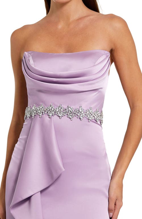 Mac Duggal Strapless Satin Gown With Embellished Belt Detail In Lilac