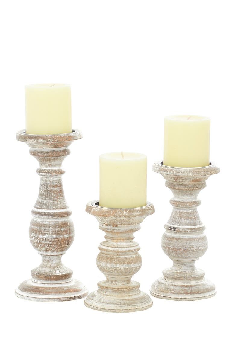 SONOMA SAGE HOME Cream Mango Wood Traditional Candle Holder with Distressed Finish - Set of 3, Alternate, color, White