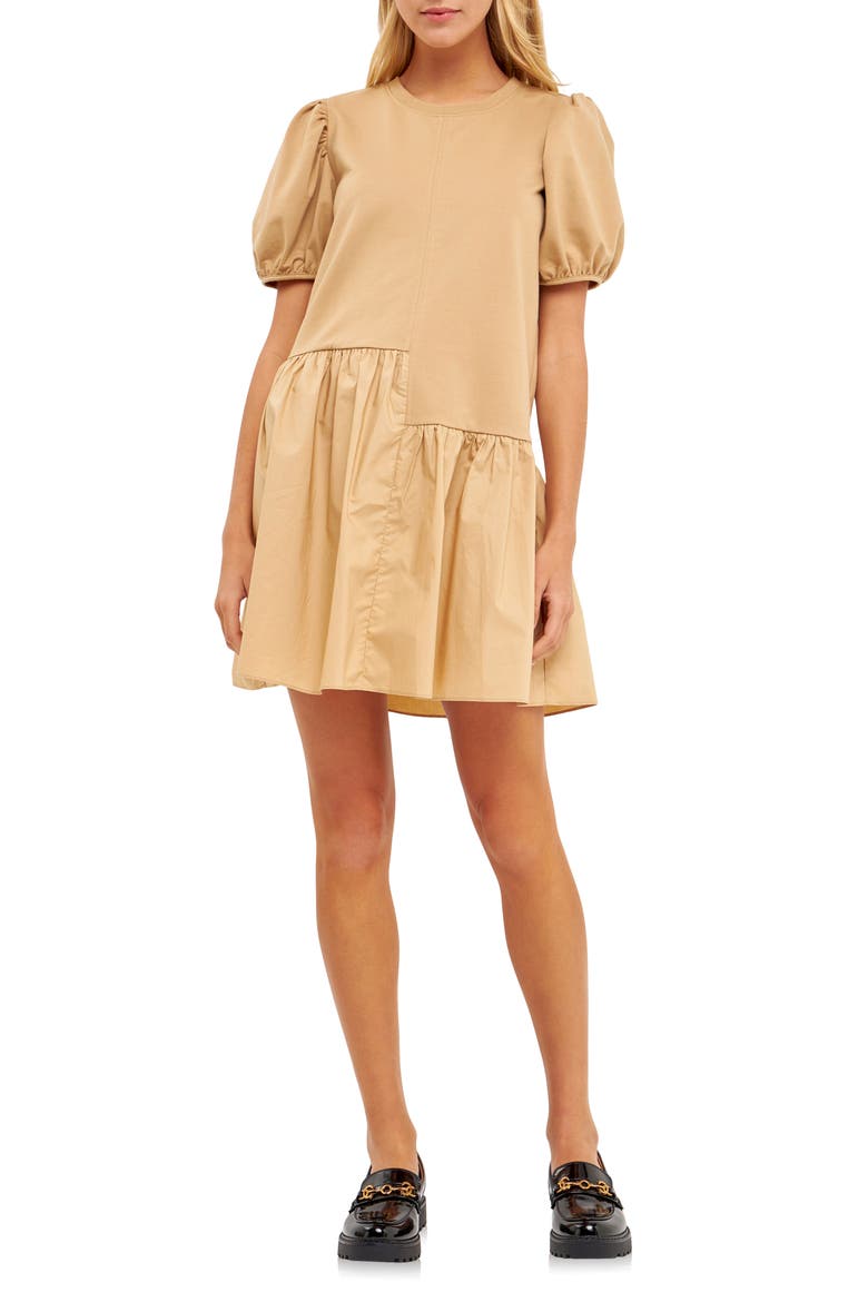 Puff Shoulder Mixed Media Minidress, Main, color, BEIGE