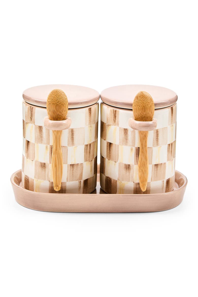 Mocha Check Farmhouse Set of 2 Canisters with Spoons, Main, color, MOCHA