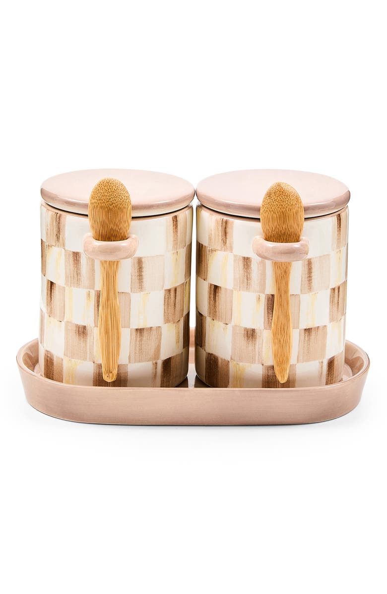 MACKENZIE CHILDS Mocha Check Farmhouse Set of 2 Canisters with Spoons, Main, color, Mocha