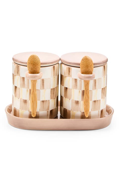 Mocha Check Farmhouse Set of 2 Canisters with Spoons
