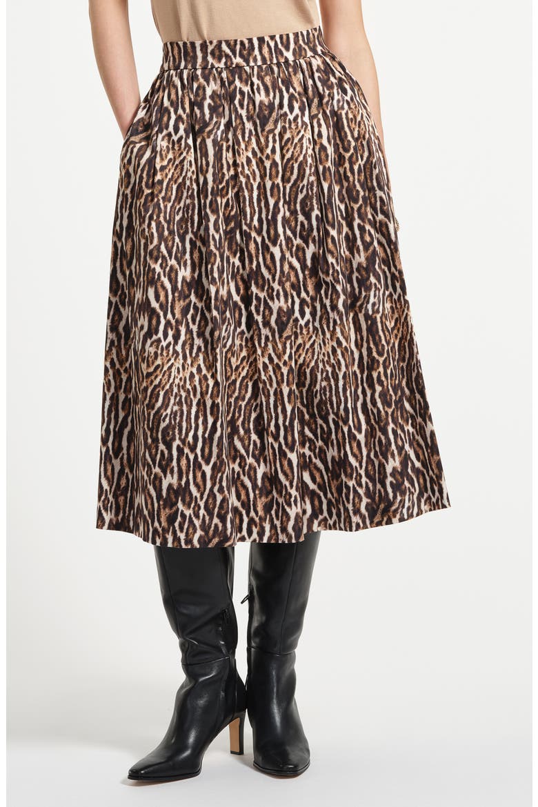 Stretch Cotton Sateen Midi Skirt, Main, color, LEOPARD