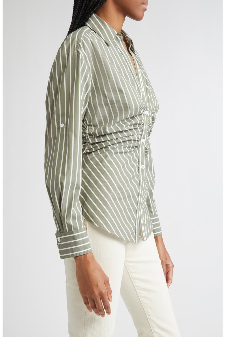 Devra Stripe Ruched Cotton Blend Button-Up Shirt, Alternate, color, STONE ARMY WHITE