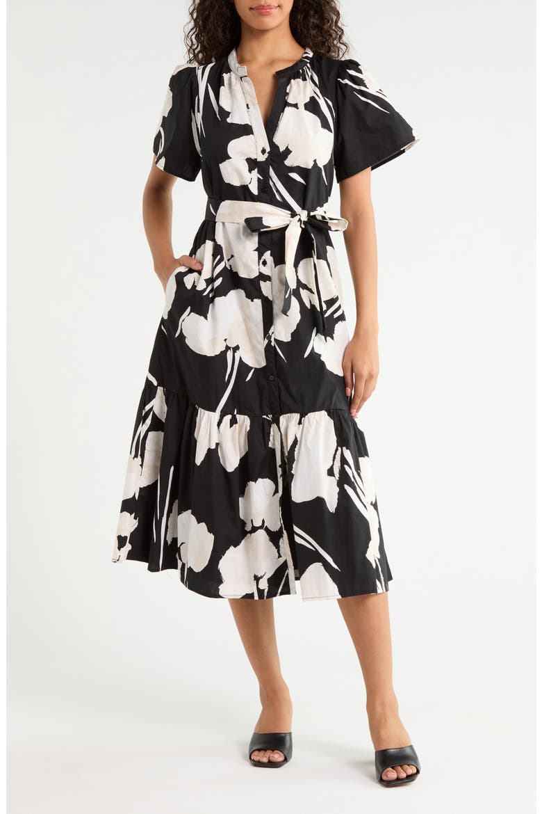 Shadow Floral Cora Button-Up Cotton Midi Dress, Main, color, CREAM BLACK