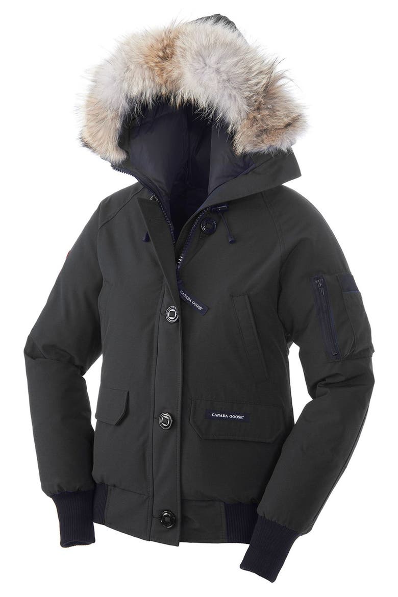 'Chilliwack' Regular Fit Down Bomber Jacket with Genuine Coyote Fur, Main, color, BLACK