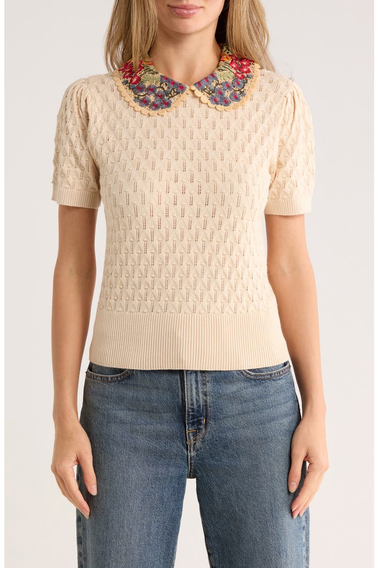 Enya Rosebud Collared Short Sleeve Sweater, Main, color, CLOUD DANCER W/ MULTI COLLAR