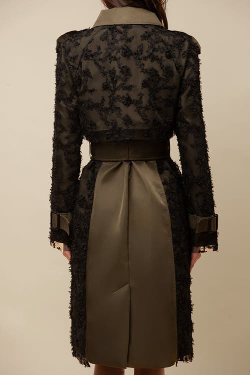 Contessa Mills Claw Lace-trimmed Elegant Cinched Trench Coat In Green