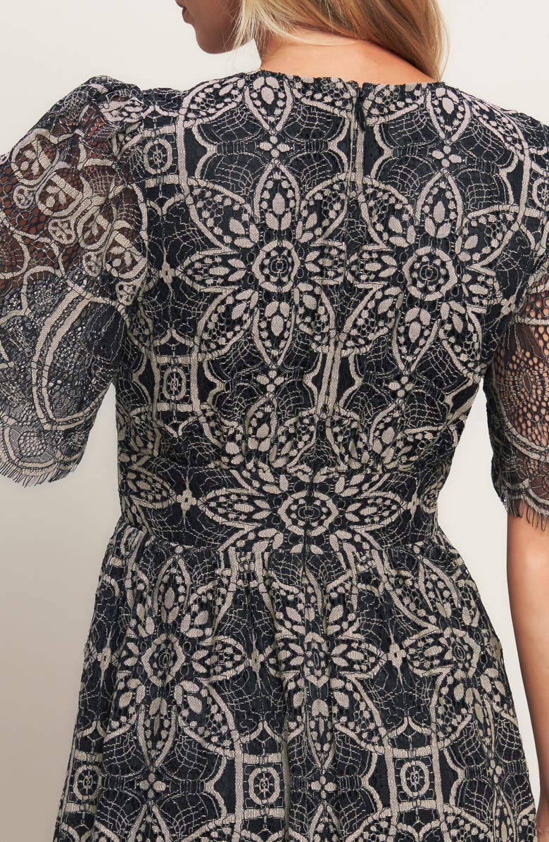 FLYING TOMATO Two-Tone Lace Short Sleeve Midi Dress, Alternate, color, Black