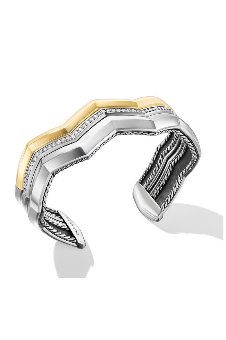 Stax Zigzag Three-Row Cuff Bracelet in Sterling Silver, 17.4mm, Alternate, color, STERLING SILVER/ YELLOW GOLD