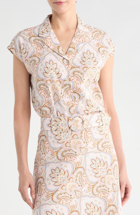 Cap Sleeve Linen Blend Button-Up Shirt