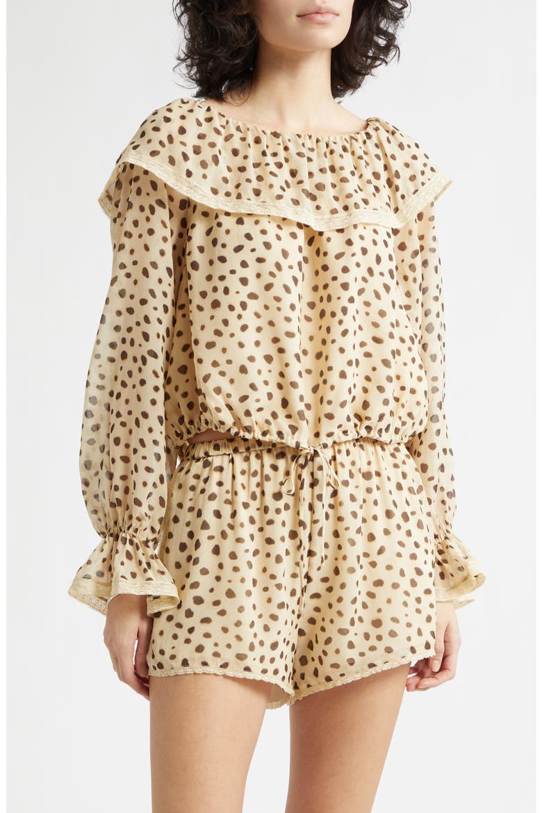 Priscilla Cheetah Print Ruffle Neck Silk Georgette Top, Main, color, CHEETAH