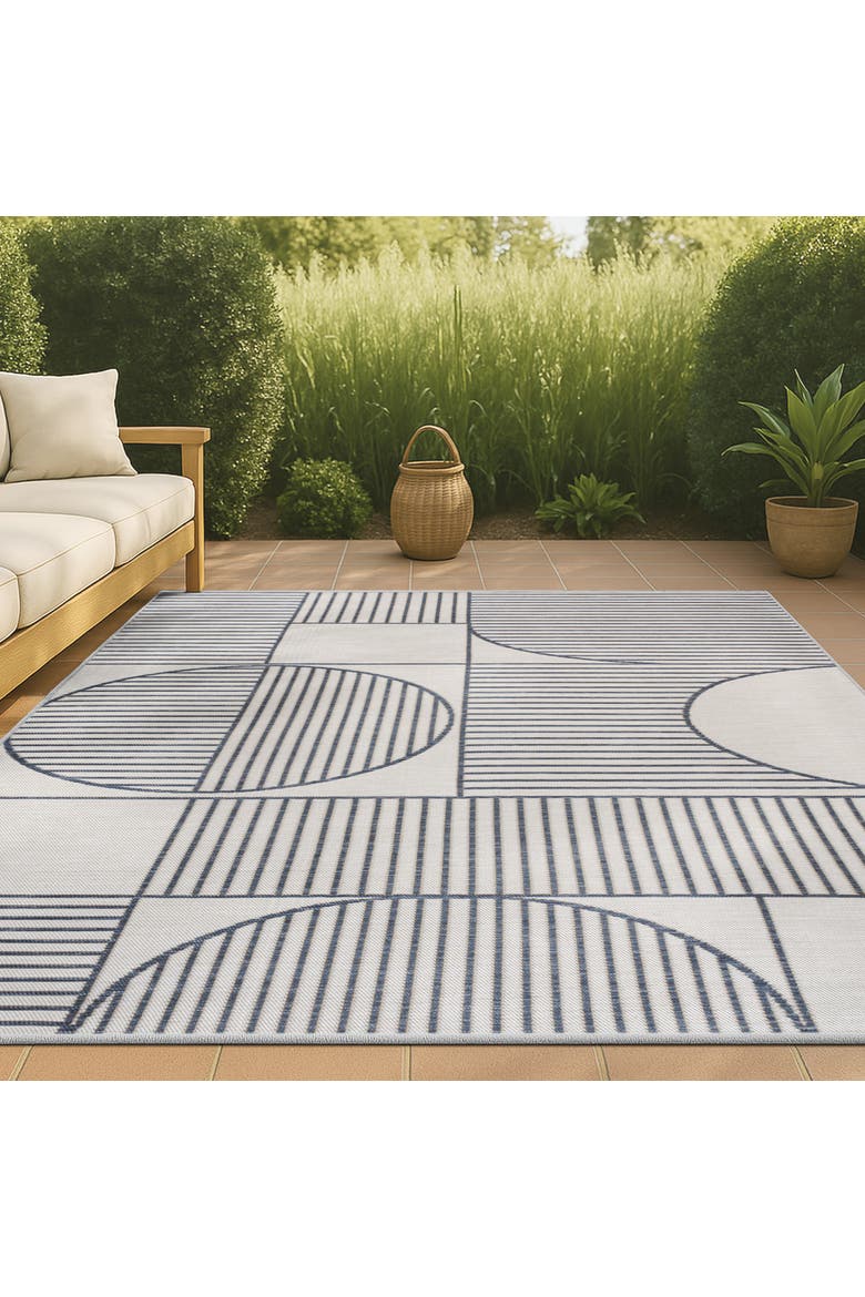Arielle Mid-Century Modern Geometric Lines Reversible Machine-Washable Indoor/Outdoor Area Rug, Alternate, color, Navy/Cream