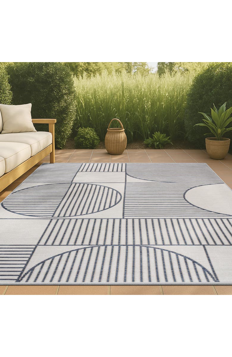 JONATHAN Y Arielle Mid-Century Modern Geometric Lines Reversible Machine-Washable Indoor/Outdoor Area Rug, Alternate, color, Navy/Cream