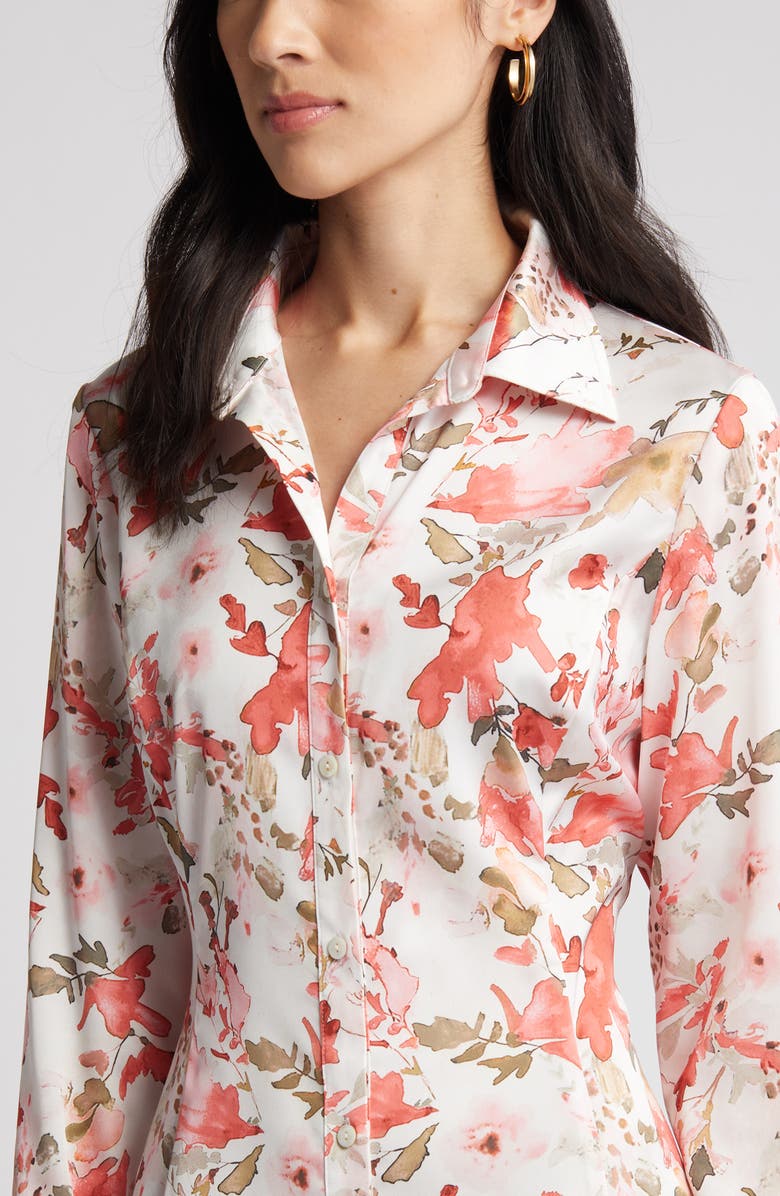 Ming Wang Watercolor Floral Long Sleeve Crêpe de Chine Shirtdress, Alternate, color, 