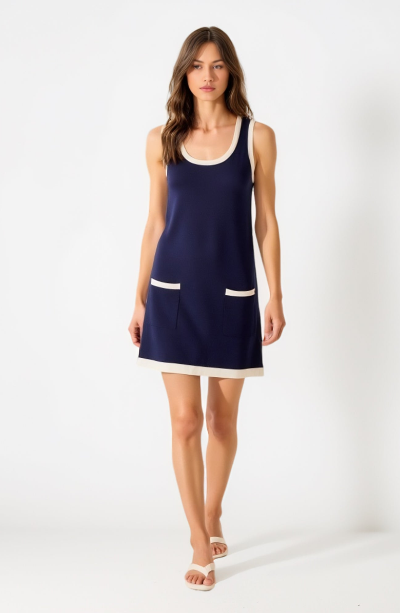 Modenaire Sleeveless Knit Mini Dress with Contrast Trim and Front Pockets, Alternate, color, Navy Blue