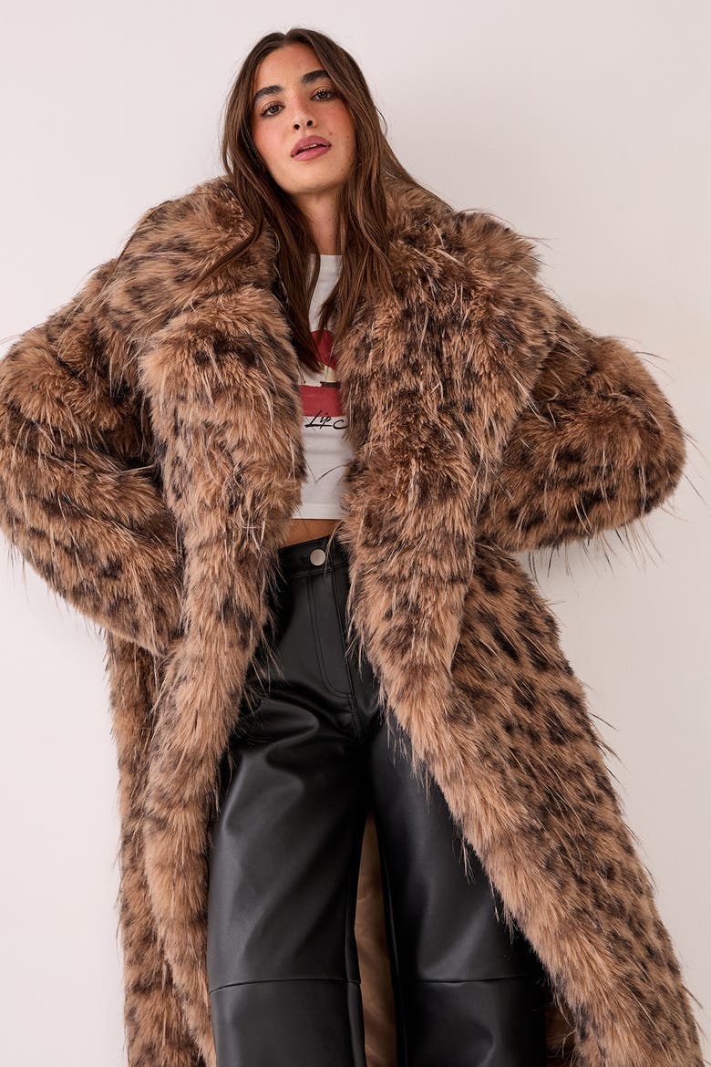 Faux Fur Longline Coat, Alternate, color, Brown