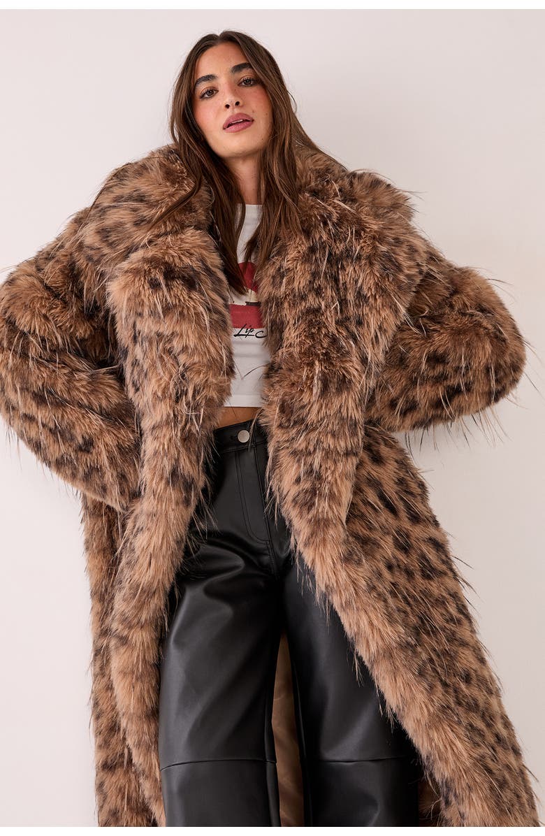 NASTY GAL Faux Fur Longline Coat, Alternate, color, Brown