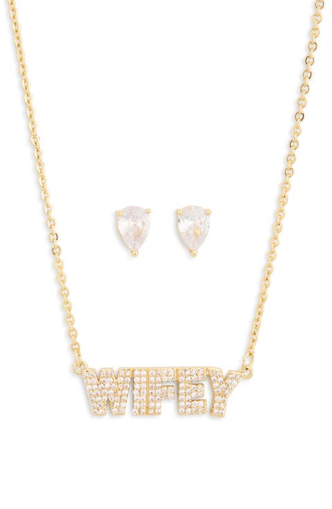 Demi Fine Cubic Zirconia Stud Earrings & Wifey Necklace Set