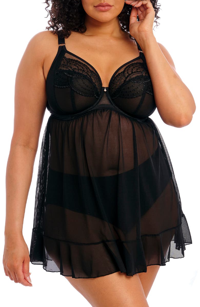 Elomi Priya Full Figure Underwire Babydoll, Main, color, Black