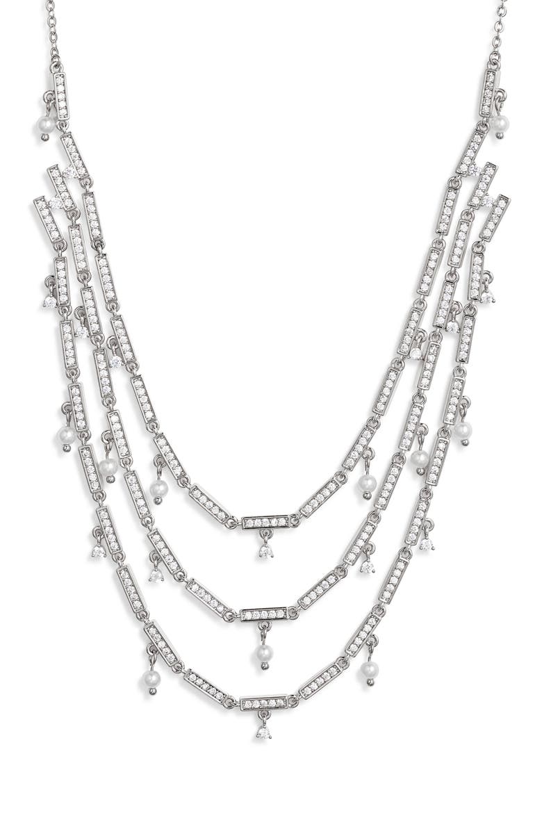 Cubic Zirconia & Pearl Charm Triple Tier Necklace, Main, color, CLEAR- SILVER