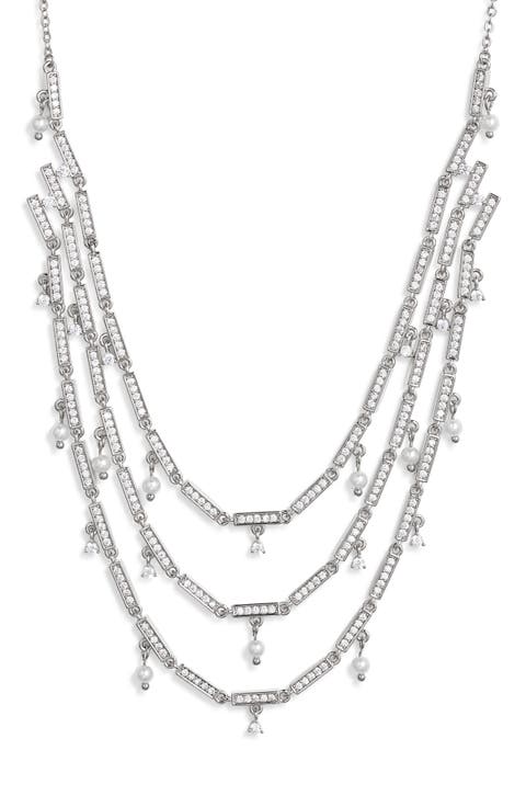 Cubic Zirconia & Pearl Charm Triple Tier Necklace