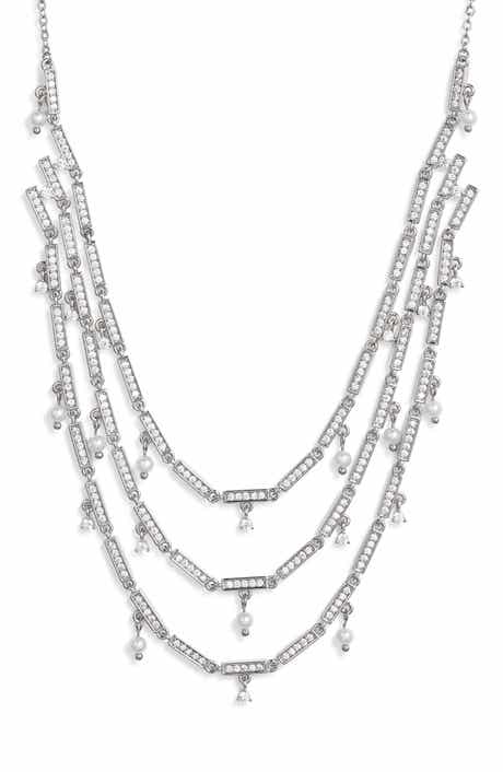 Nordstrom Cubic Zirconia & Pearl Charm Triple Tier Necklace