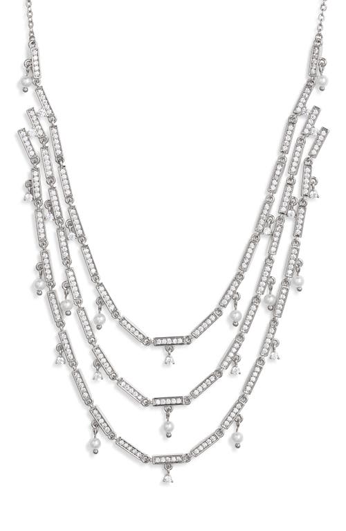 Nordstrom Cubic Zirconia & Pearl Charm Triple Tier Necklace In Clear- Silver