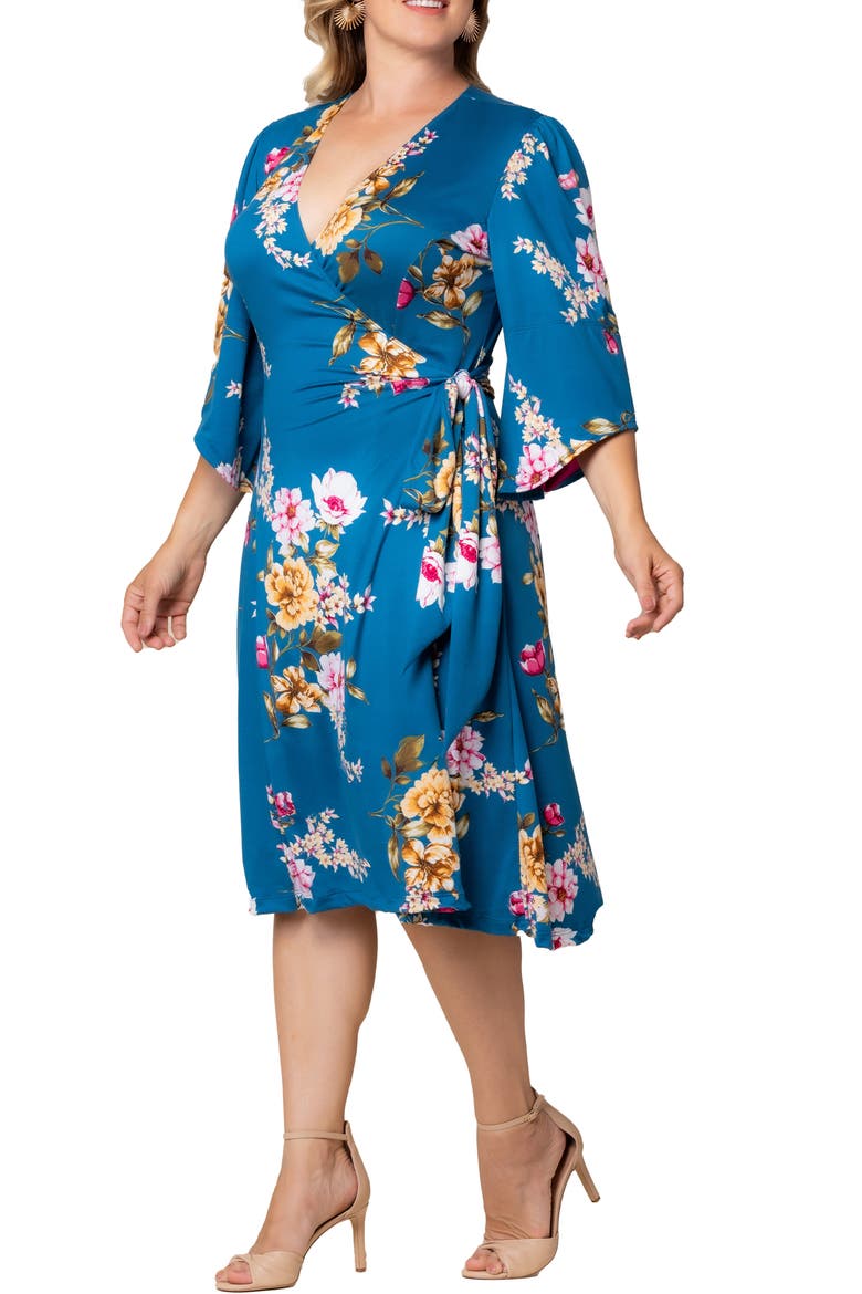 Gemini Floral Bell Sleeve Wrap Dress, Alternate, color, TEAL FLORAL PRINT