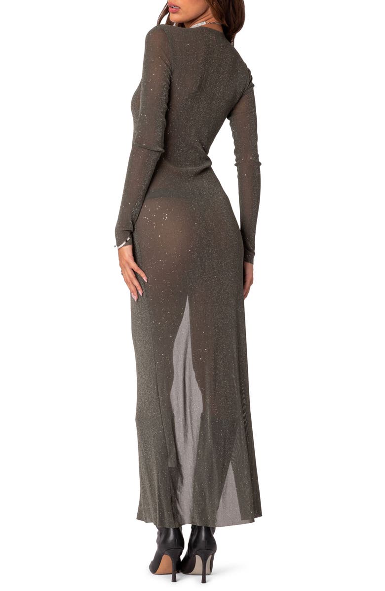 EDIKTED Glitter Side Slit Long Sleeve Mesh Maxi Dress, Alternate, color, Olive