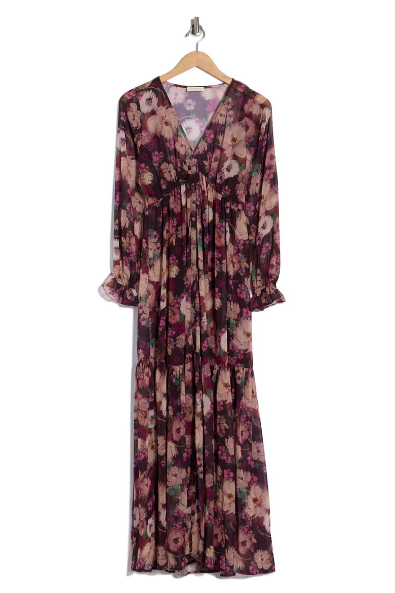 Floral Tiered Long Sleeve Chiffon Minidress, Alternate, color, PLUM/ DUSTY ROSE