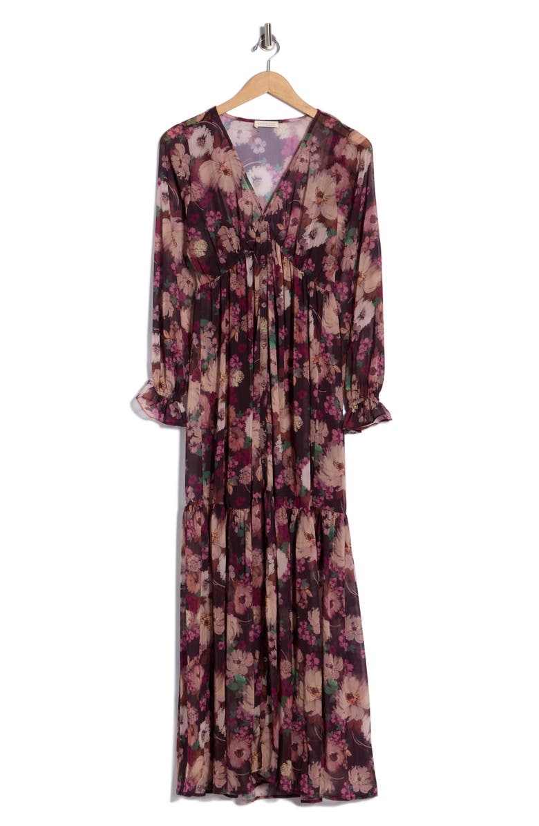 Lovestitch Floral Tiered Long Sleeve Chiffon Minidress, Alternate, color, Plum/ Dusty Rose