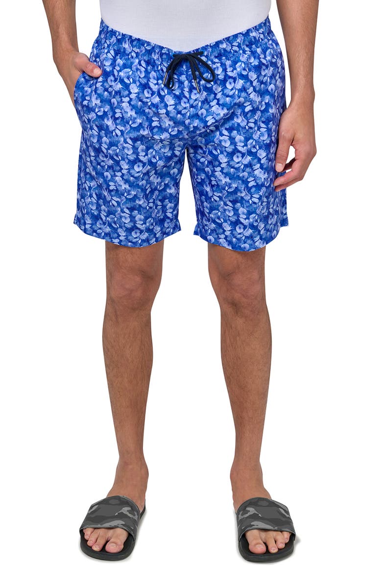 Slim Fit Abstract Leaf Swim Trunks, Main, color, NAVY/BLUE