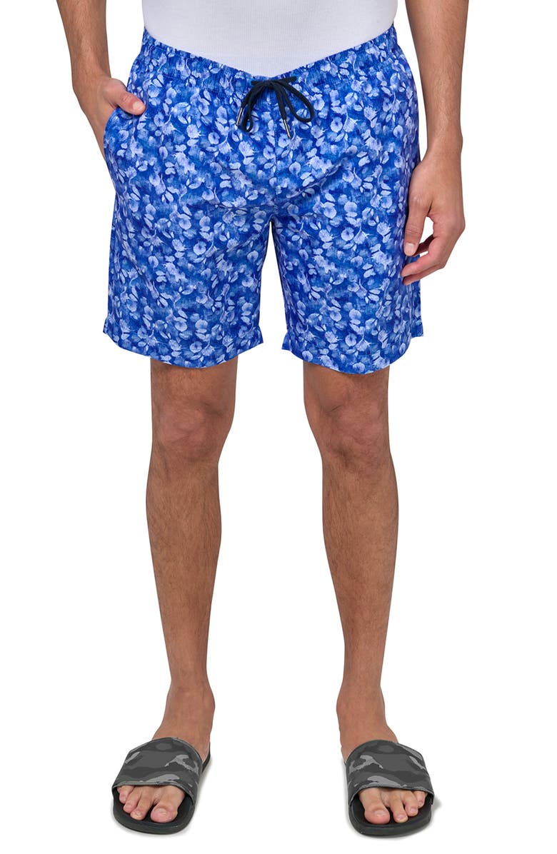 Brooklyn Brigade Slim Fit Abstract Leaf Swim Trunks, Main, color, Navy/Blue
