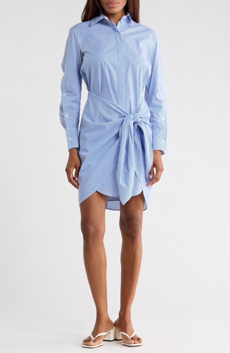 Derek Lam 10 Crosby Stripe Long Sleeve Tie Waist Shirtdress, Main, color, Blue/ White