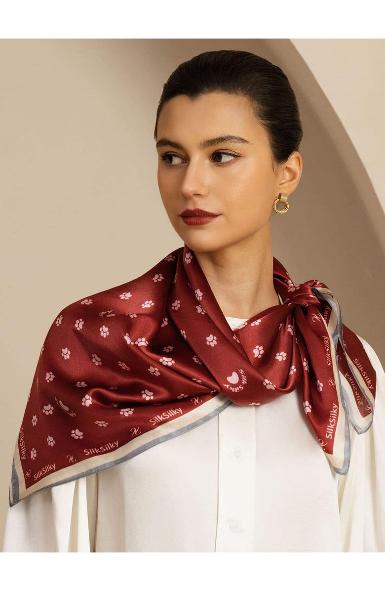 SILKSILKY Pure Silk Paw Print Square Scarf, Alternate, color, Wine