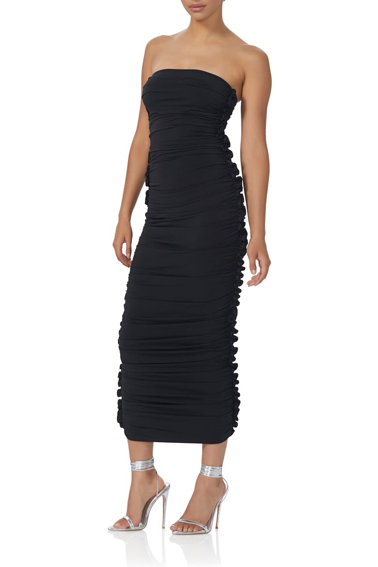 Eterna Strapless Gathered Midi Dress, Alternate, color, NOIR