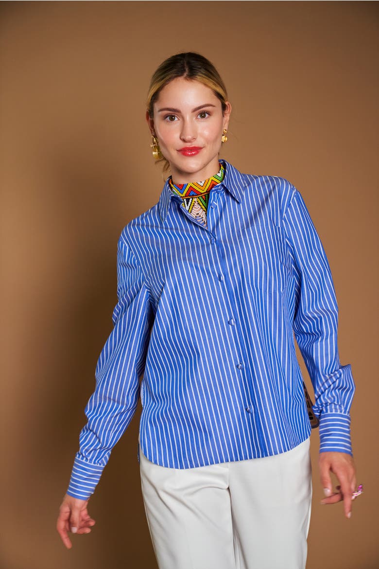 Striped Blouse With Printed Silk Back, Alternate, color, Blue / Multicolour