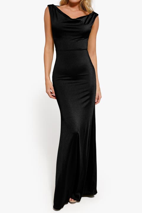 Shimmering Cowl Neck Built-in Shapewear Evening Maxi Dress