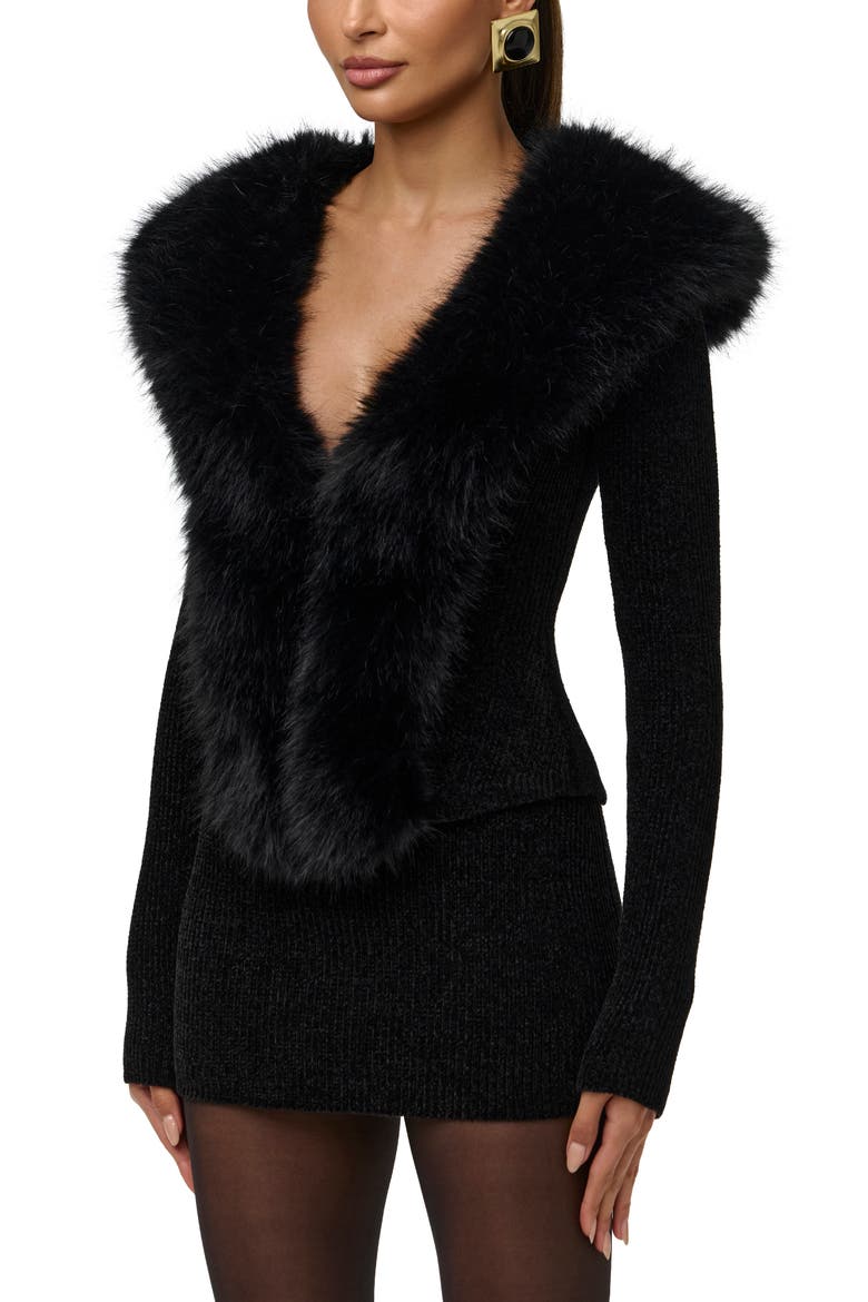 Faux Fur Collar Cardigan, Alternate, color, BLACK
