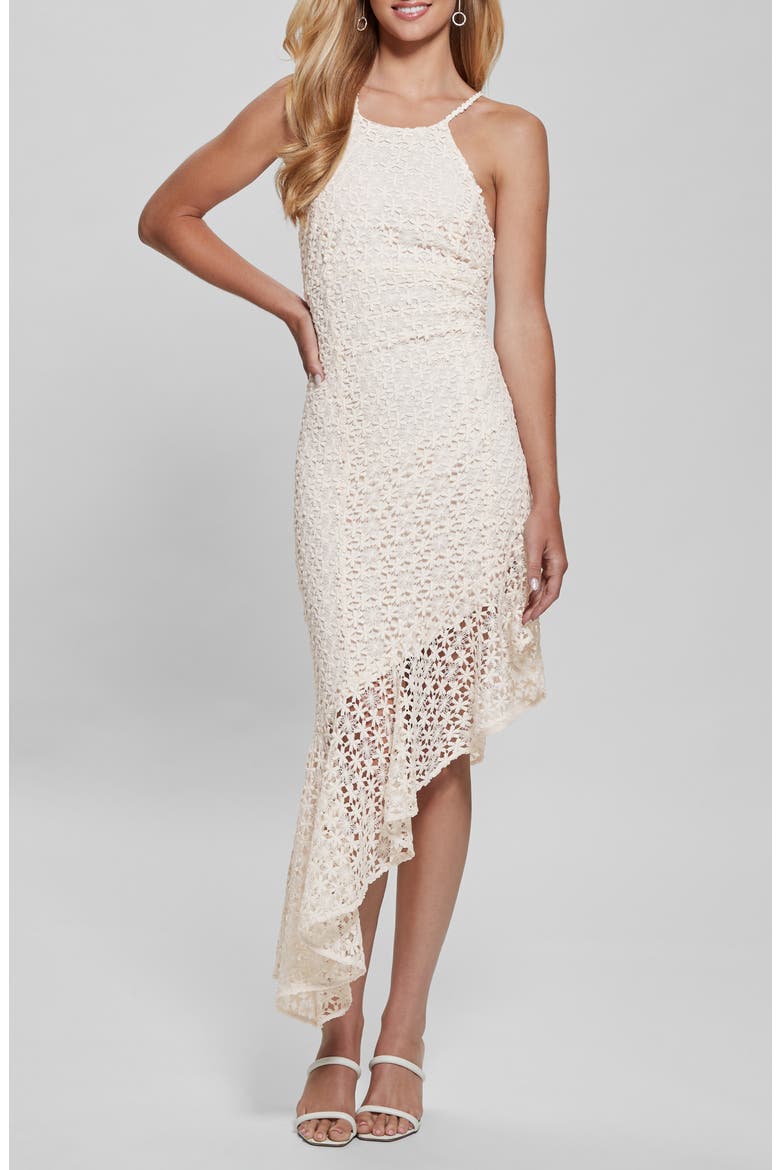 Claudia Floral Stitch Asymmetric Maxi Dress, Main, color, DOVE WHITE