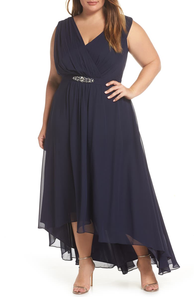 Eliza J Wrap Look High/Low Chiffon Dress, Main, color,