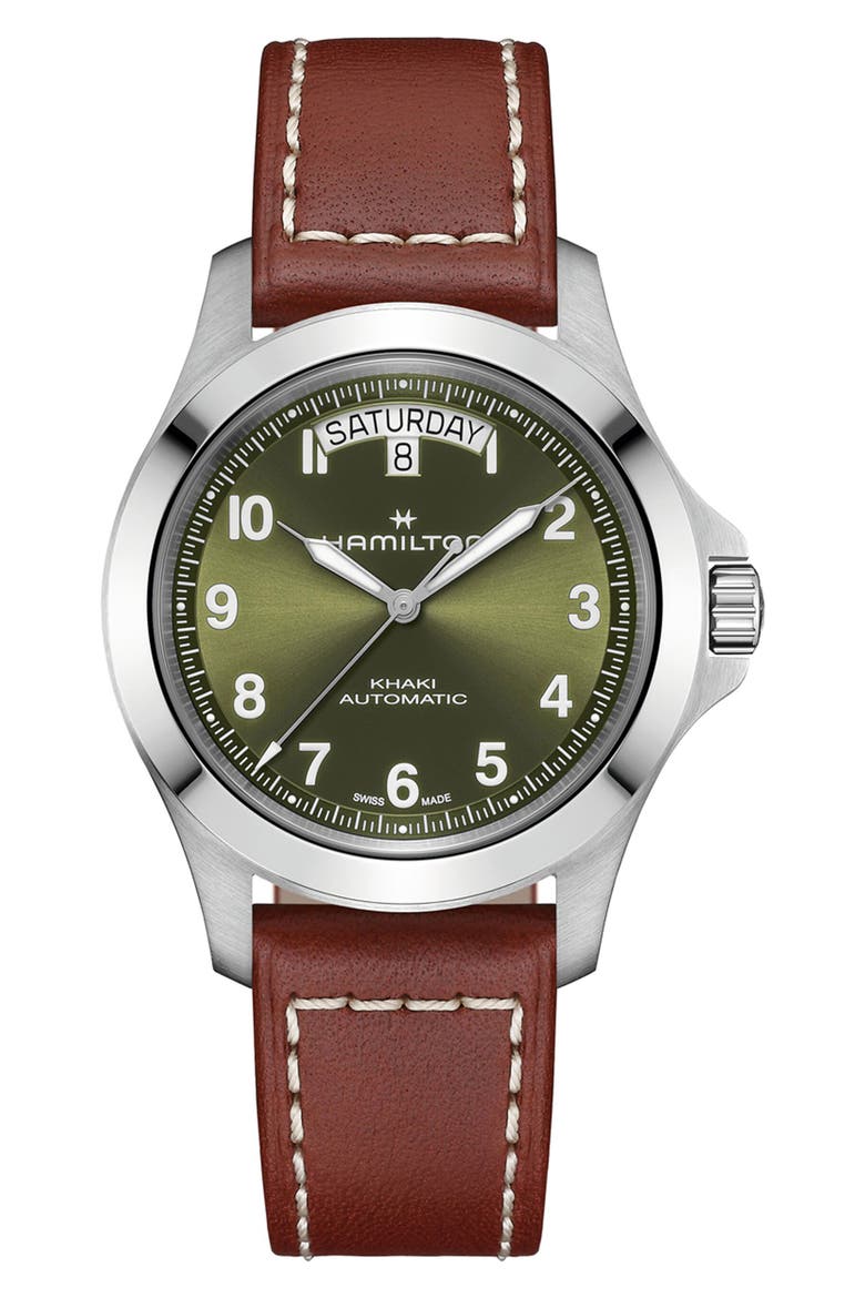Khaki Field King Automatic Leather Strap Watch, 40mm, Main, color, GREEN