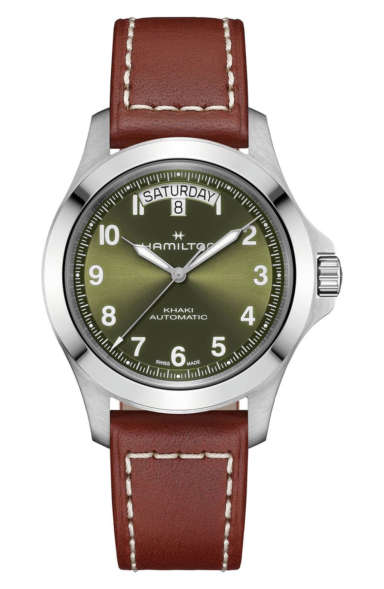 Hamilton Khaki Field Automatic Leather Strap Watch, Main, color, Green