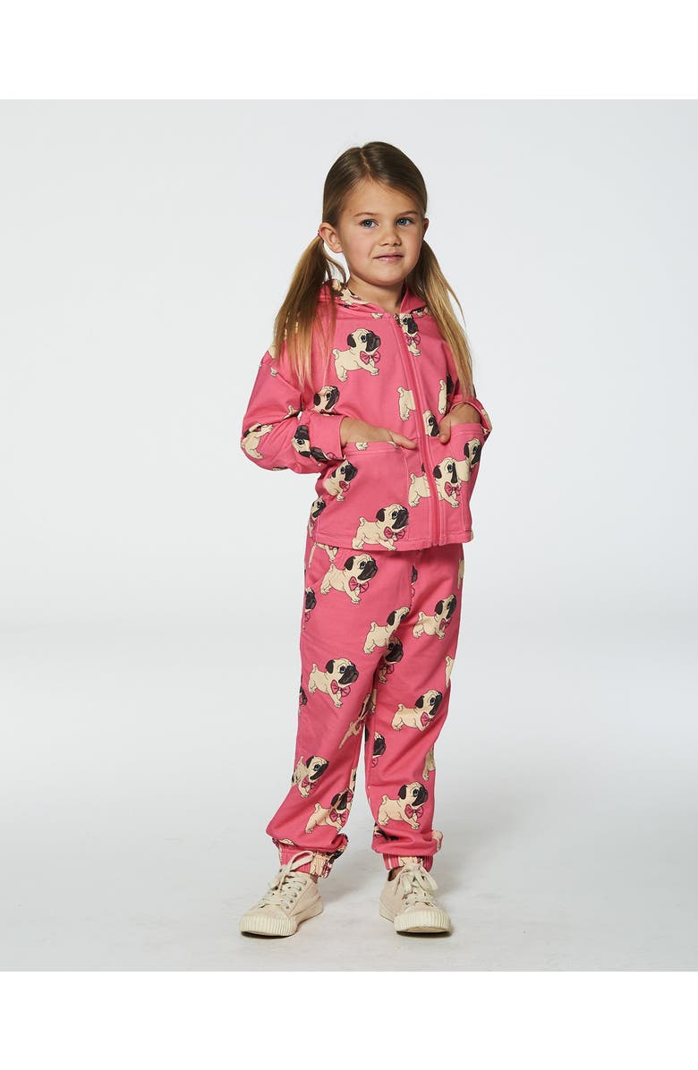 Deux par Deux Girl's Fleece Hooded Cardigan Magenta Printed Pug, Alternate, color, 