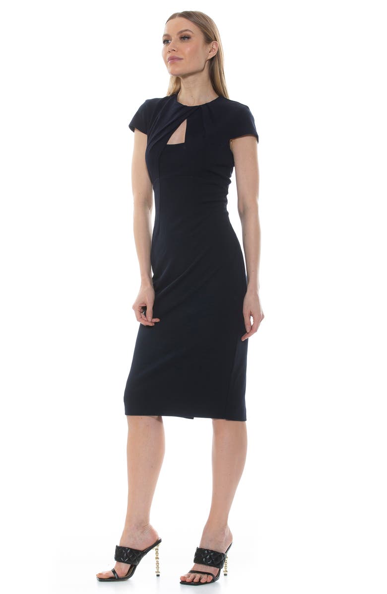 Alexia Admor Janine Crewneck Draped Midi Sheath Dress, Alternate, color, Navy
