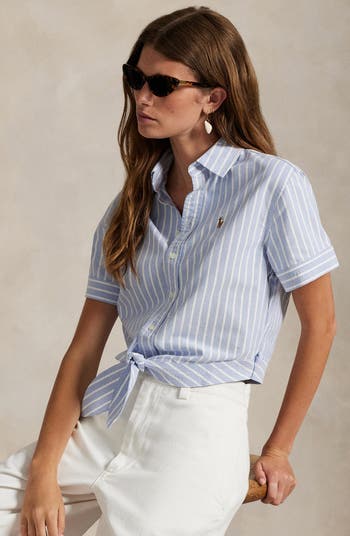 Tie Front Oxford Short Sleeve Button-Up Shirt