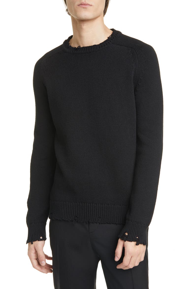 Distressed Crewneck Sweater, Main, color, BLACK