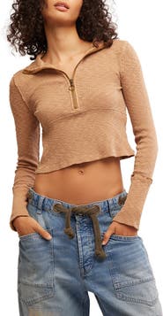 Free People Midnight Stretch Cotton Half Zip Crop Top
