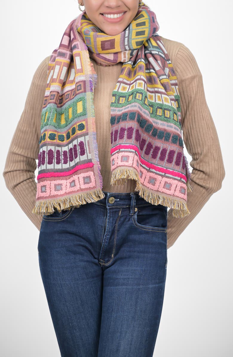 Vismaya Embroidered Cotton & Wool Fringe Scarf, Main, color, 